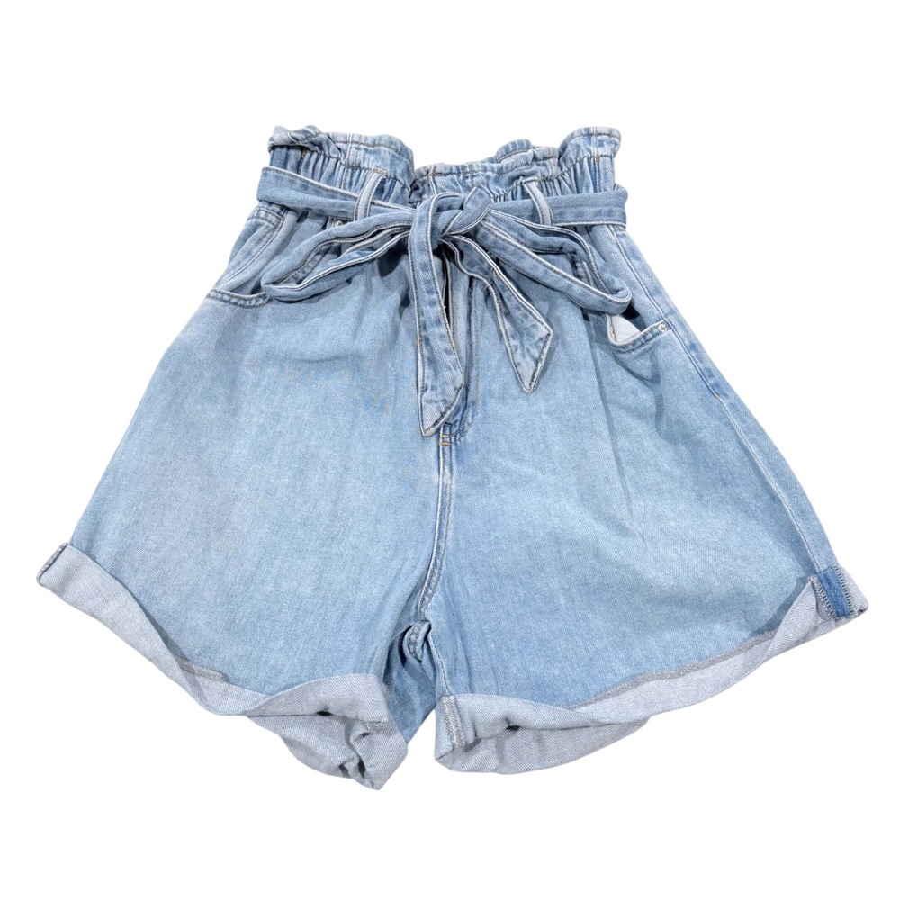 H&M Paperbag Waist Denim Shorts Light Wash Double Button High Rise Cuffed Hem 6